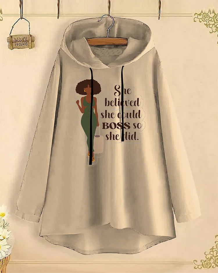 She Is Long-Sleeved with Loose Hem Hoodie