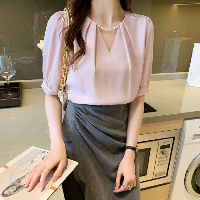 New Summer Women Blouses Casual Loose Half Sleeve V-Neck Beading Chiffon Shirts Fashion Elegant Office Lady Tops Clothing - Shop Trendy Women's Fashion | TeeYours