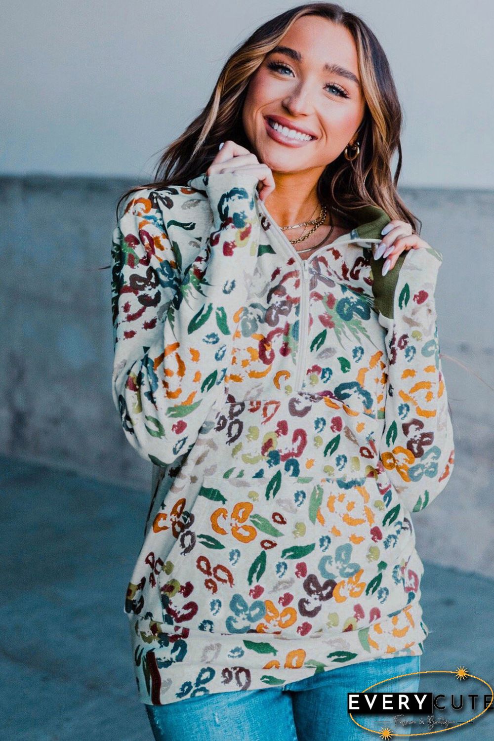 Leopard Print Zipper Collar Hoodie with Kangaroo Pocket