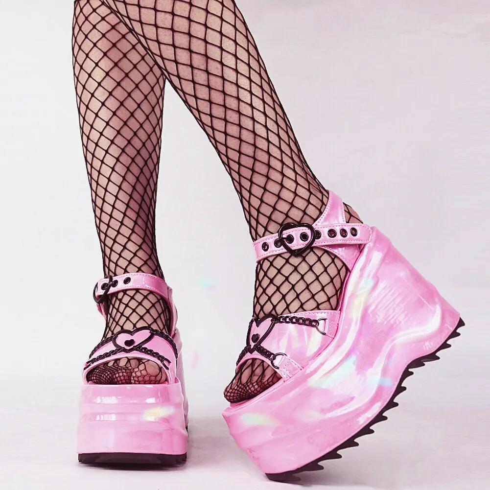 New Arrivals Open Toe Black Bat Patent Platform Wave Heel Wedges women's Sandals Summer Cool Punk Gothic Brand Footwear Women