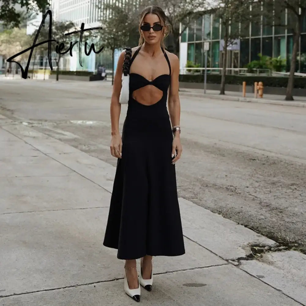 Elegant Sexy Backless Cut Out Long Dress Club Party Outfits for Women Sleeveless Halter Black Gown Dresses New Aiertu