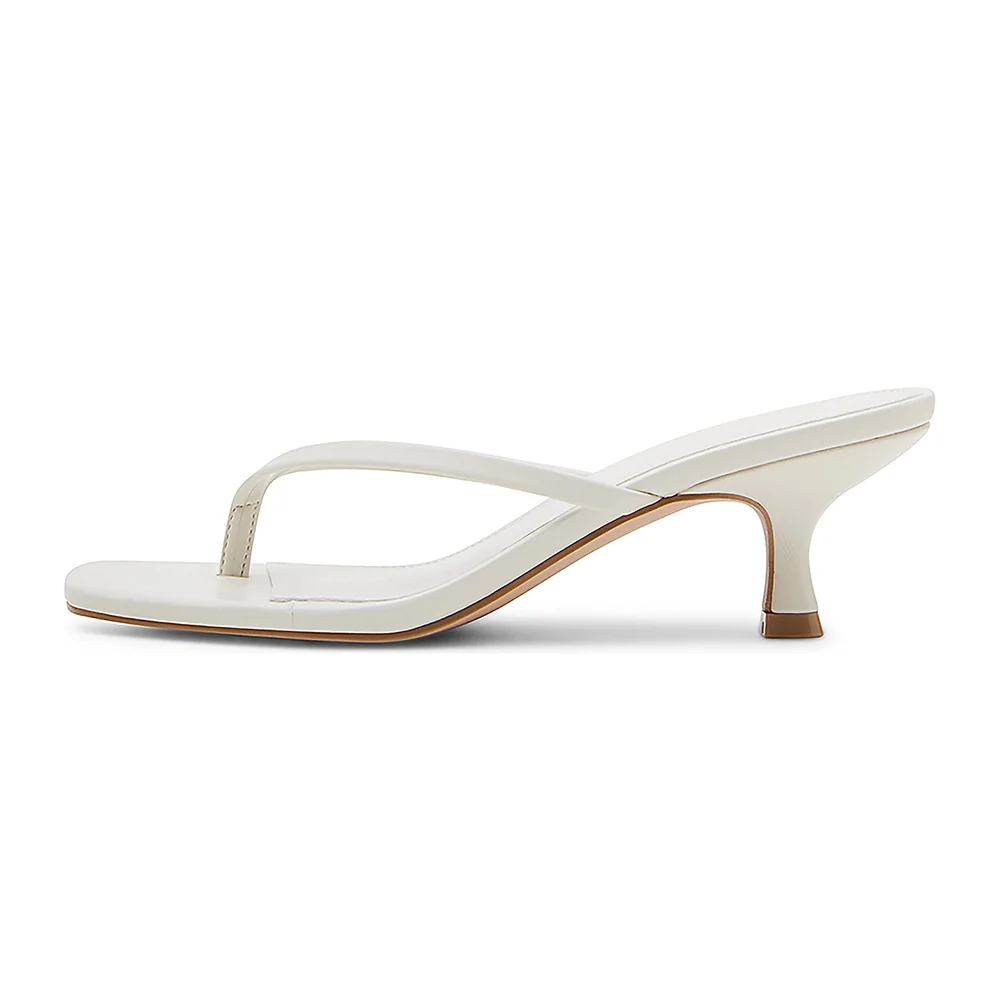 Square Toe Flip Flop Slip On Kitten Mid Heel White Sandals for Women