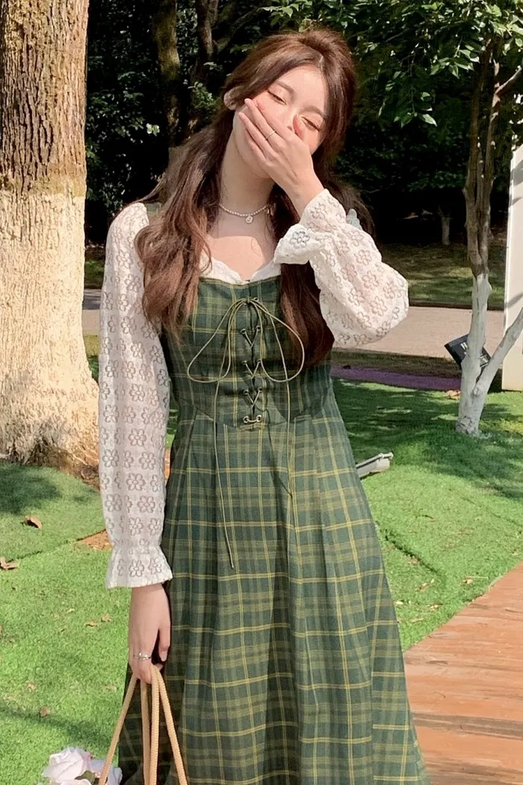 French Square Neck Plaid Dress with Suspenders