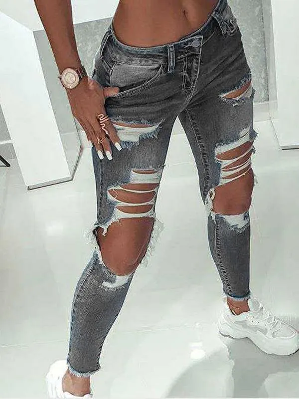 Fashion Knee Ripped Slim Denim Stretch Jeans