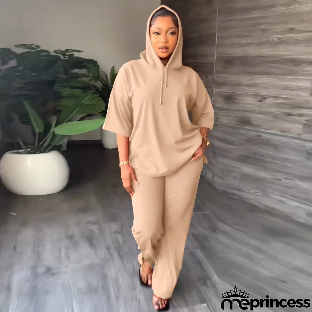 Solid 3/4 Sleeve Hooded Sweatshirt Pant Two Piece Set