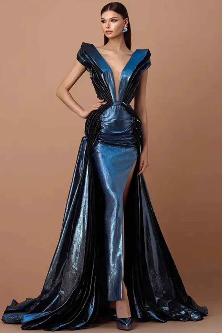Metallic Deep V Neck High Slit Overskirt Maxi Dress-Dark Blue [Custom-Made]