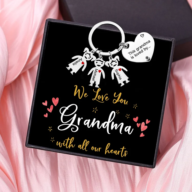Personalized Keychain with Kid Charm Engraved 3 Names Family Keychain for Grandma