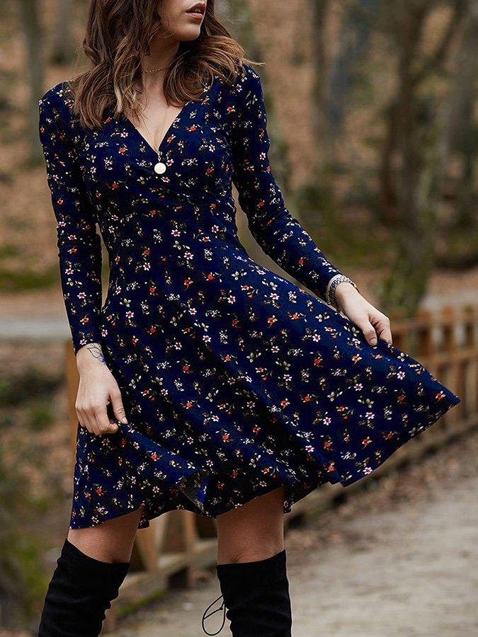Floral Print Casual Long Sleeve Dress
