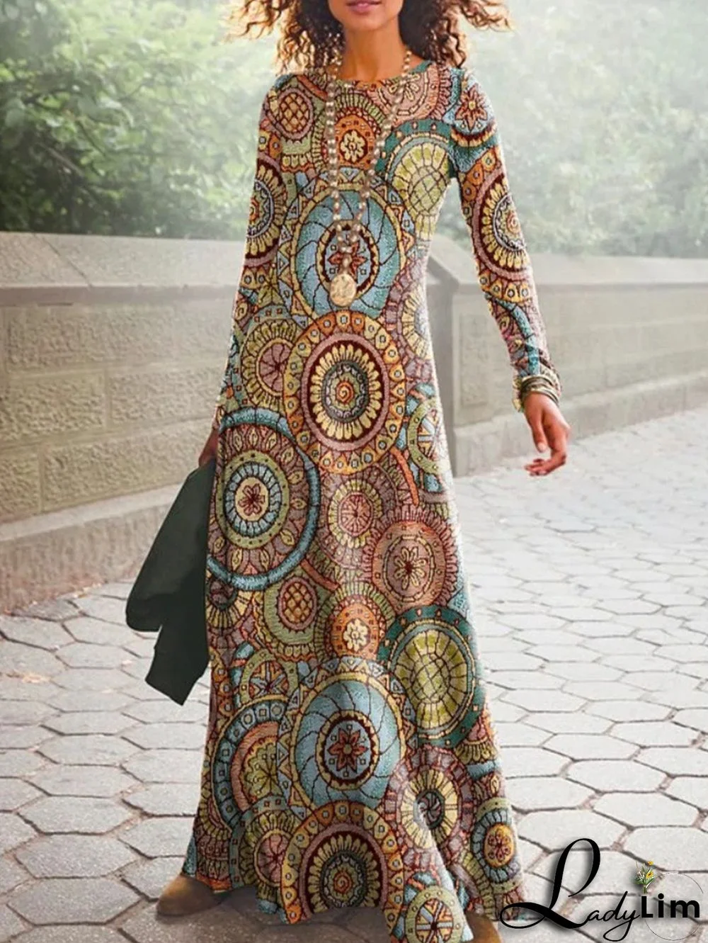 Vintage Long Sleeve Paisley Maxi Dress