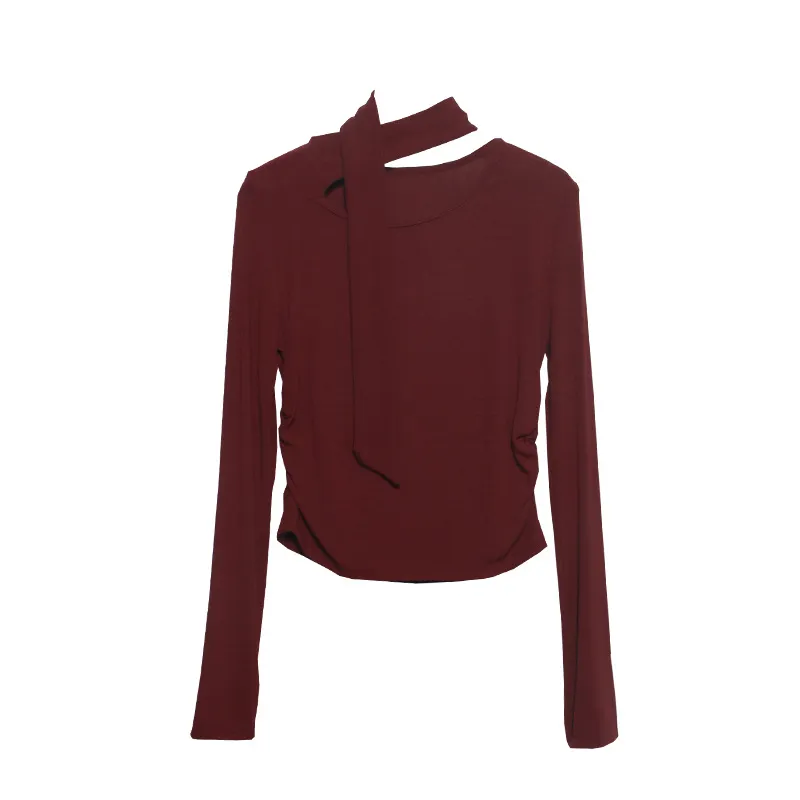 Churchf Ribbon Scarf Hanging Neck Long-Sleeved T-Shirt Girl 2024 Autumn Slim Thin Folded Bottom Shirt 1630