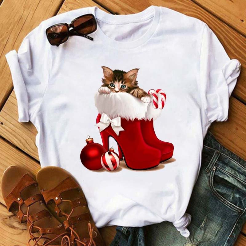 Cute Cat In Red High-heeled Printed Women T Shirts Casual Short Sleeve O-neck T-shirt Christmas Tshirts Tees Female Tops