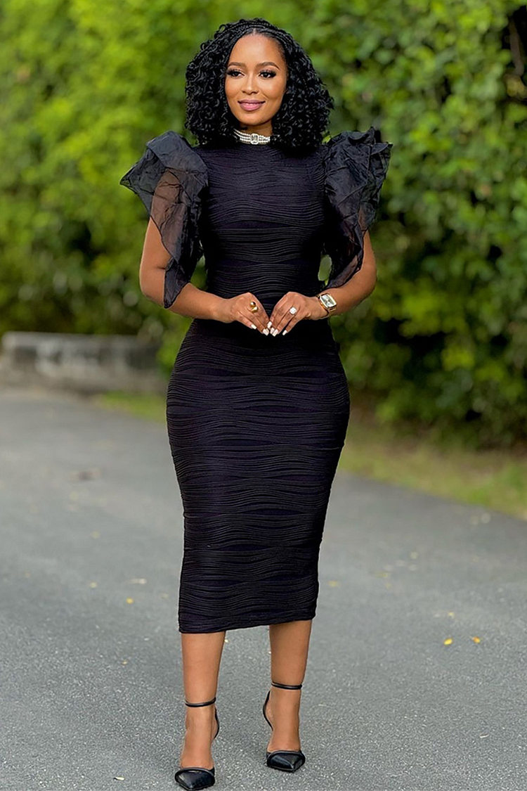 Tulle Patchwork Ruffled Sleeve Ripple Pattern Knit Bodycon Midi Dresses-White