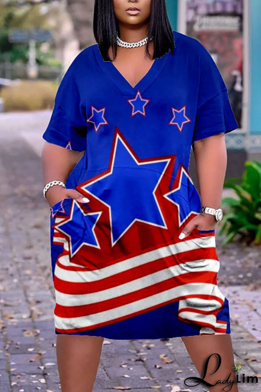 Deep Blue Casual Print Patchwork V Neck Dresses