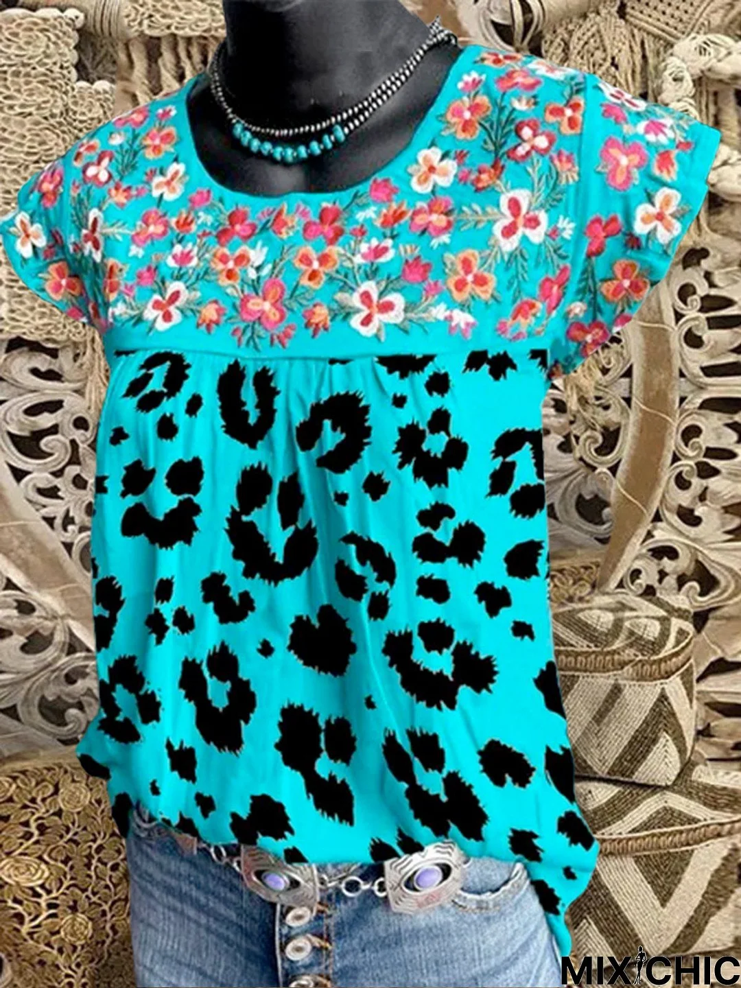 Casual Leopard Flower Short Sleeve Top