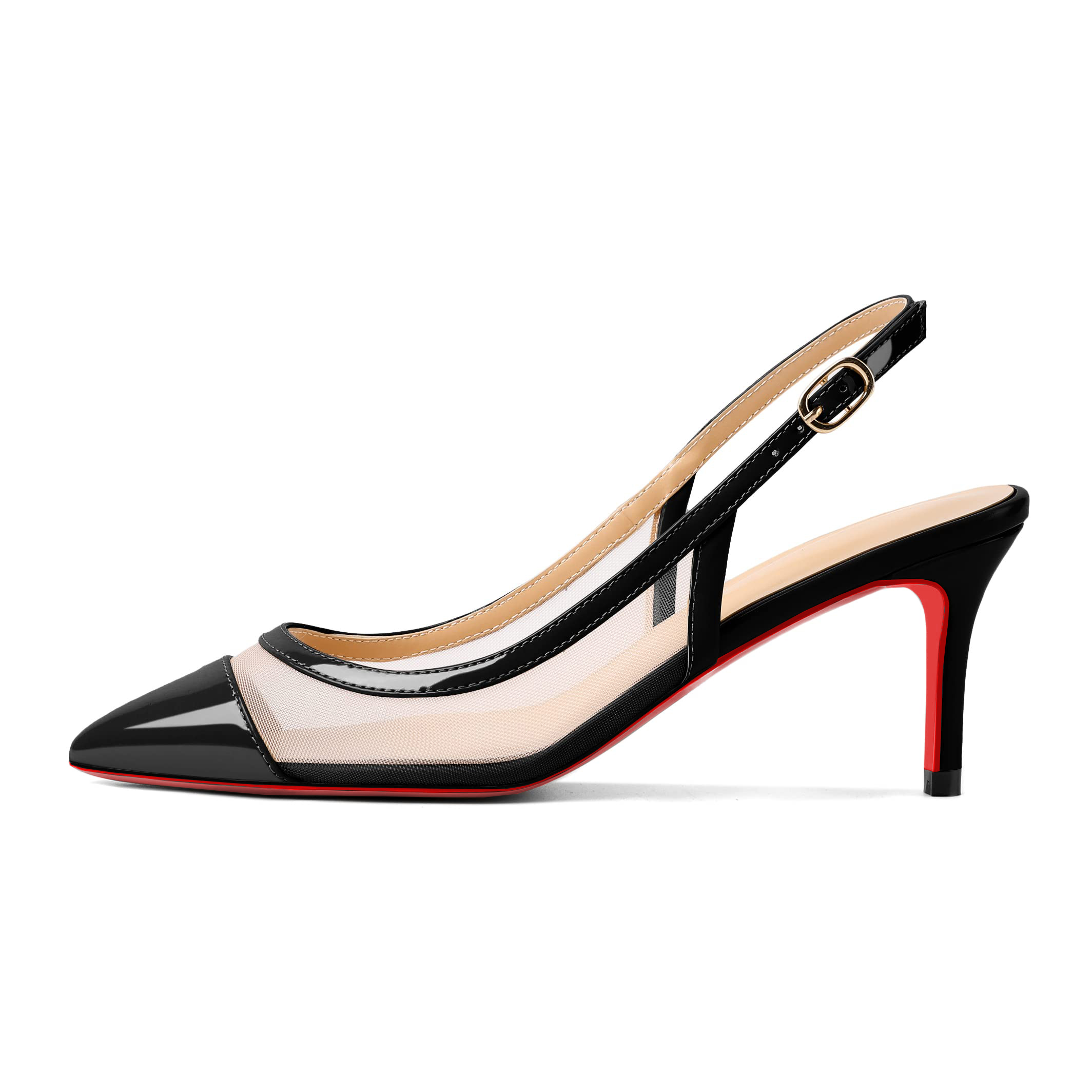 65mm Women's Pointed Toe Kitten Heel Ankle Buckle Pumps Mesh Red Bottom Patent Shoes-MERUMOTE