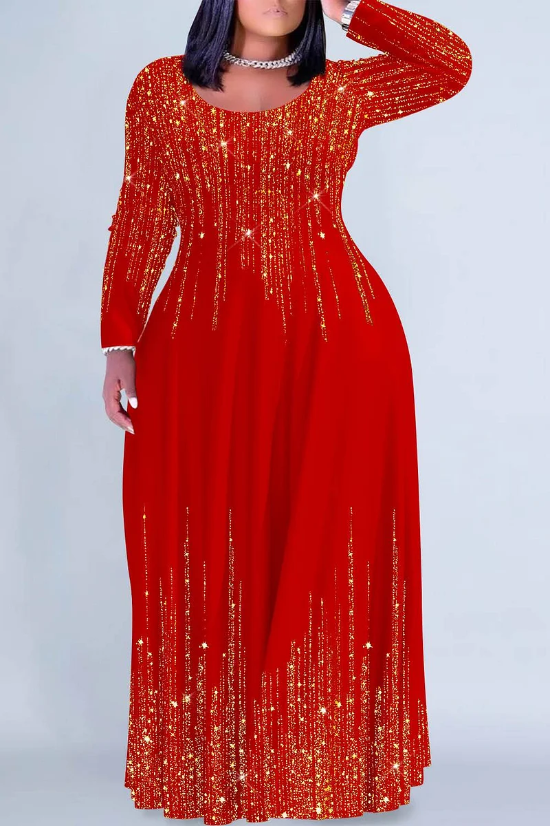 plus size maxi holiday dresses Red Plus Size Abstract Print Notch V Neck High Waist Maxi Dress Red / 4X / 100%Polyester main image 1