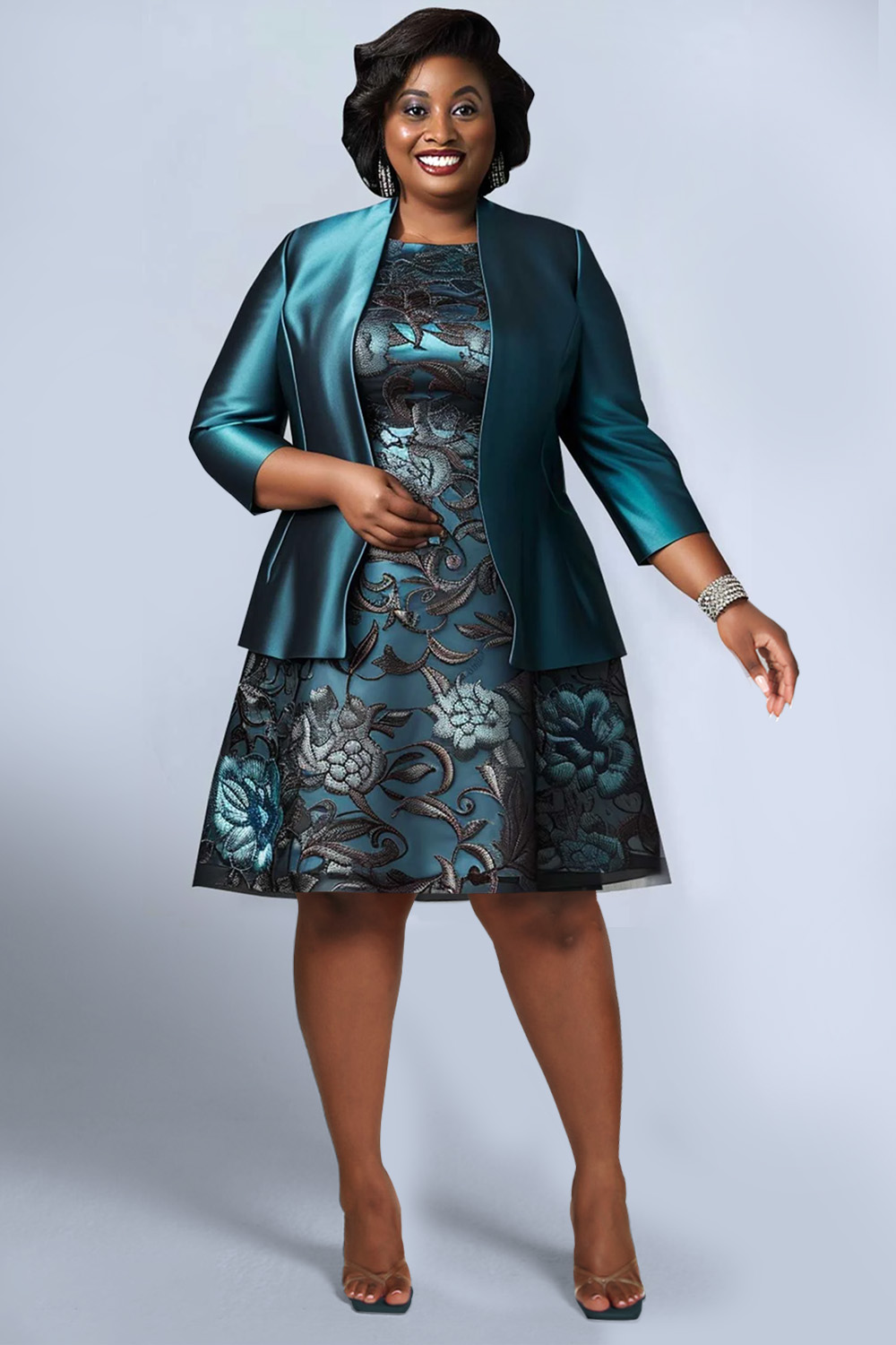 Design Plus Size Mother Of The Bride Dress Set Elegant Emerald Green Floral Spring Summer Round Neck 3/4 Sleeve Satin Two Piece Dress Set [Pre-Order]
