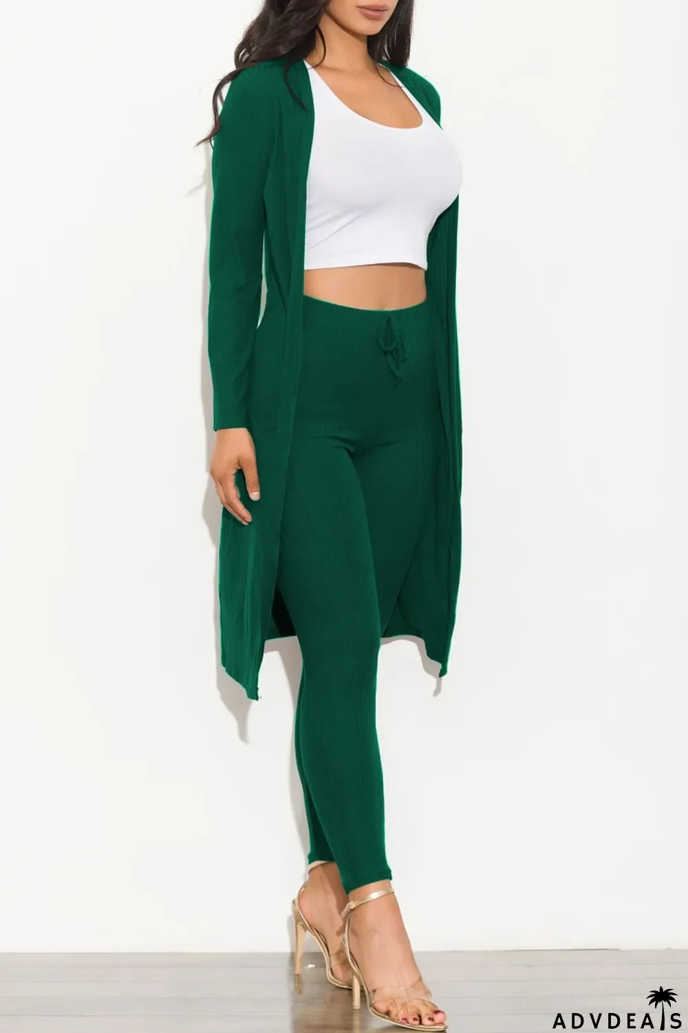Fall Sexy Green Rib Long Sleeve Cardigan And Matched High Waist Skinny Pants Set