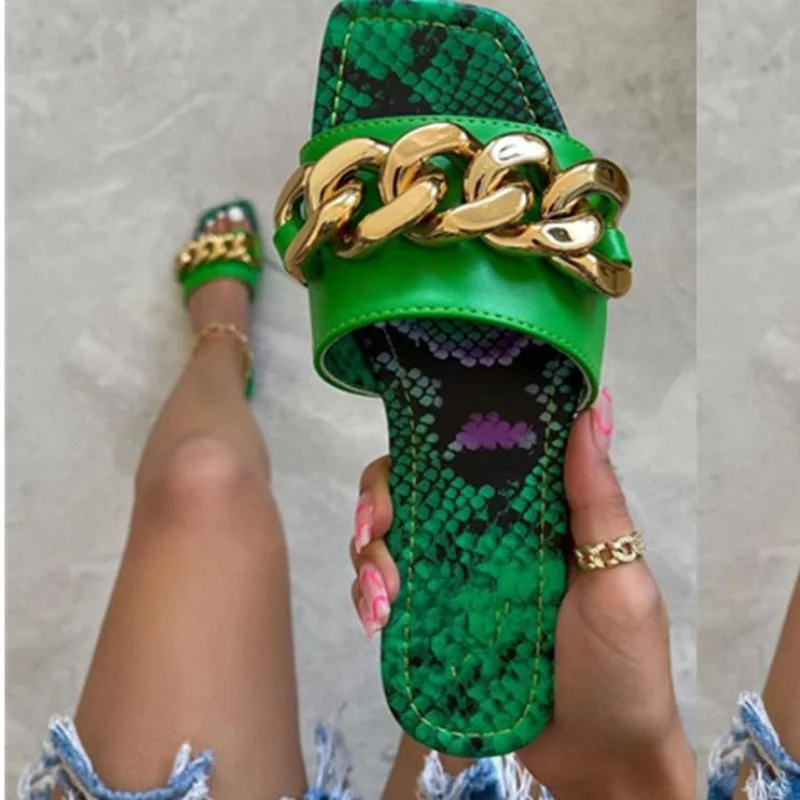 Vstacam Candy Color Metal Chain Slippers Square Toe Summer Sandals Shoes Women Open Toe Pu Leather Green Ytmtloy Zapatillas Casa Mujer