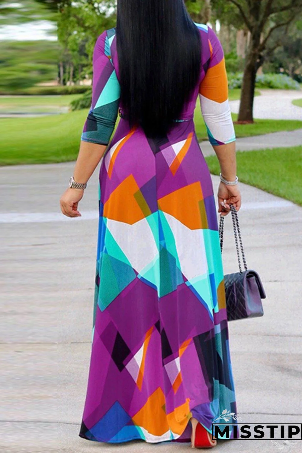 Blue Fashion Casual Print Bandage V Neck Long Sleeve Dresses