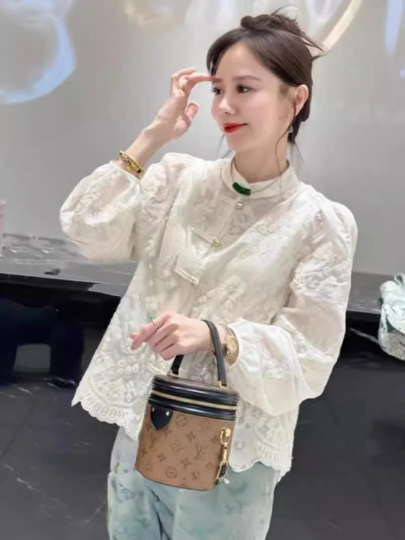 Toloer New Chinese Style National Wind Shirt Female Temperament Shirt Spring Dress New 2024 White Small Shirt Popular Burst Coat Jacket-Outfit Ideas