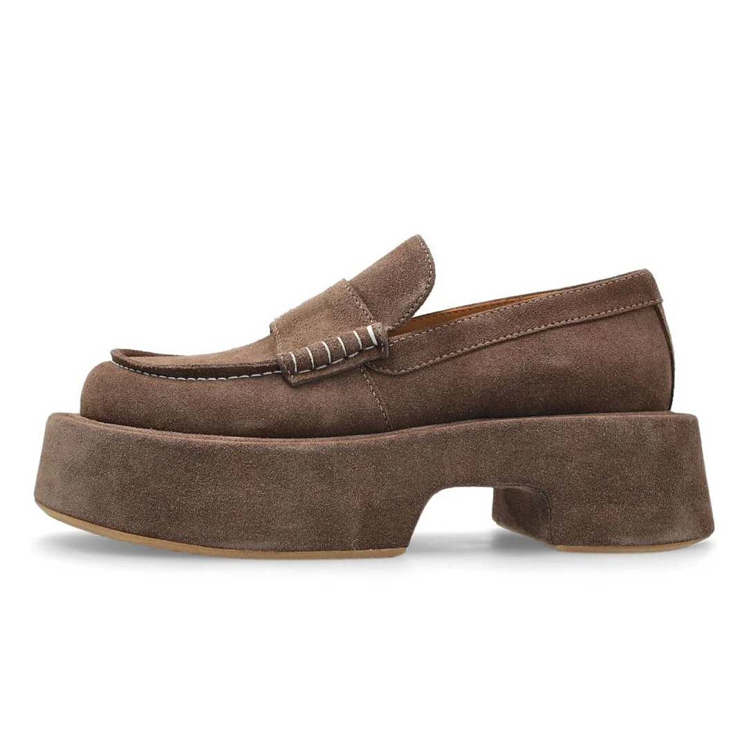 Comfortable Vegan Suede Round Toe Shoes Platform Loafers in Brown