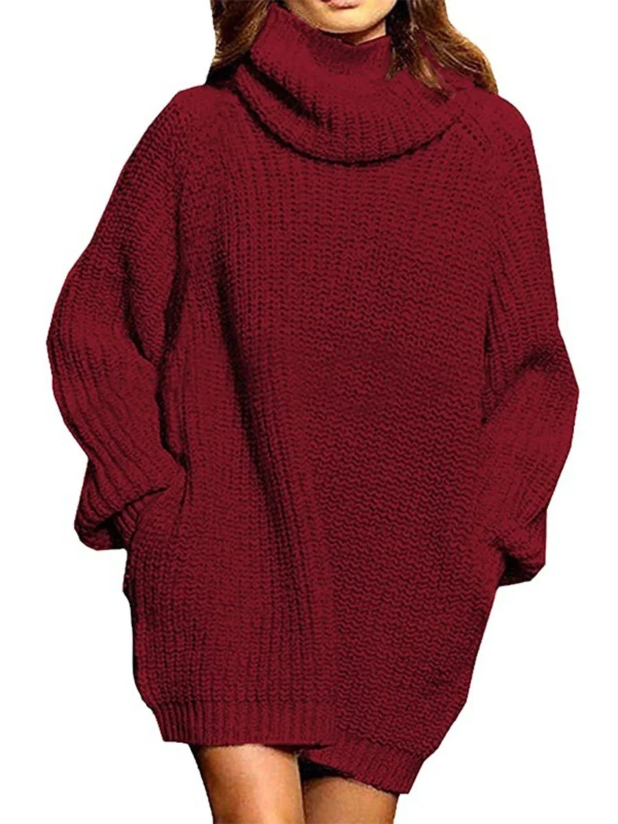 Red Sweater Dress Long Sleeve Turtleneck Oversized Midi Knitted Dress