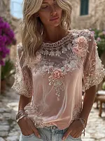 Bohemian Retro Style Plant Flower Design Women's  Linen Short-sleeve Shirt