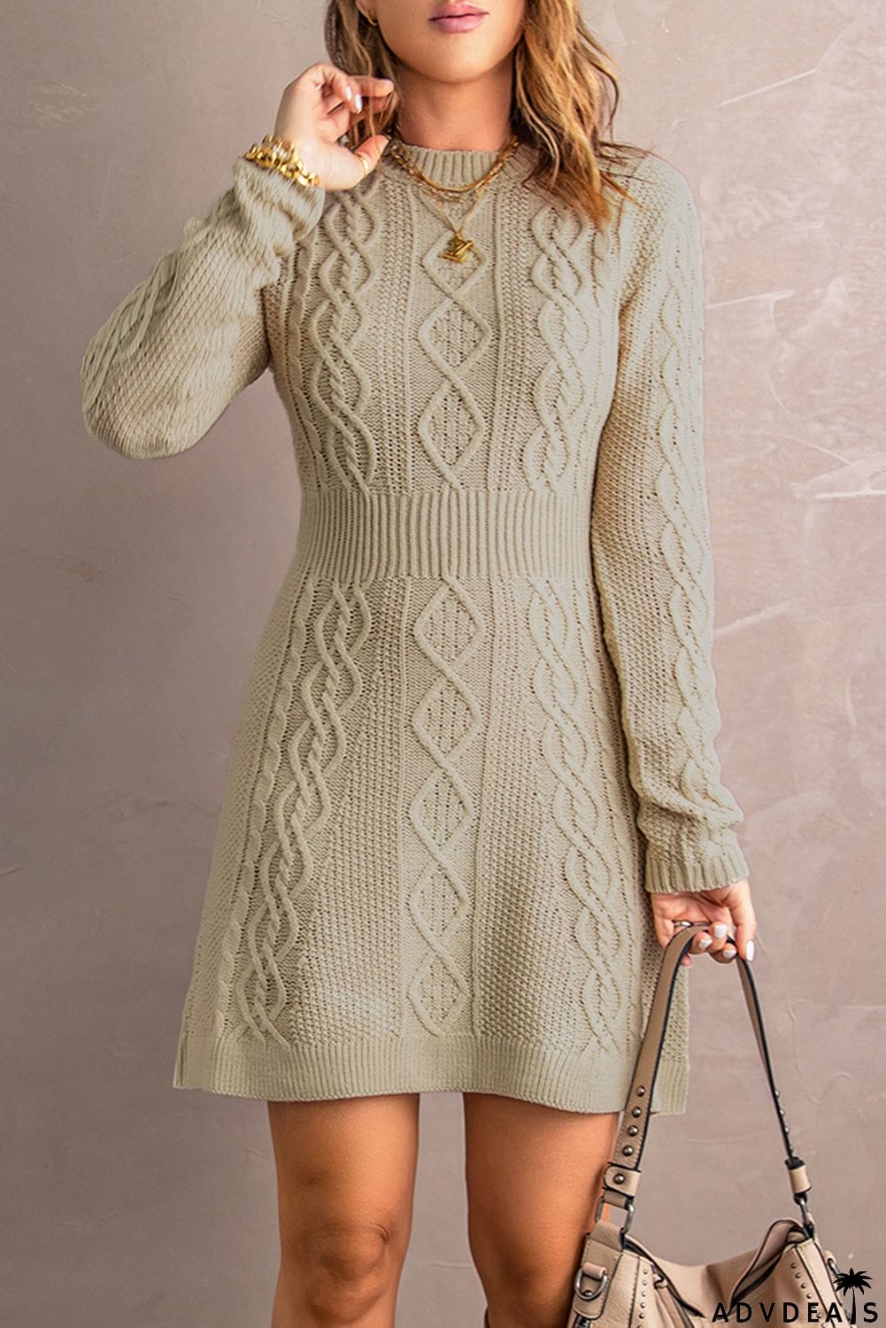 Beige Ribbed Waistband Knit Cable Pattern Sweater Dress