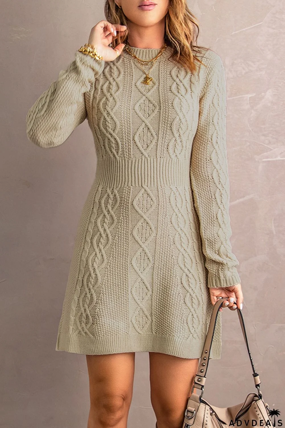 Beige Ribbed Waistband Knit Cable Pattern Sweater Dress