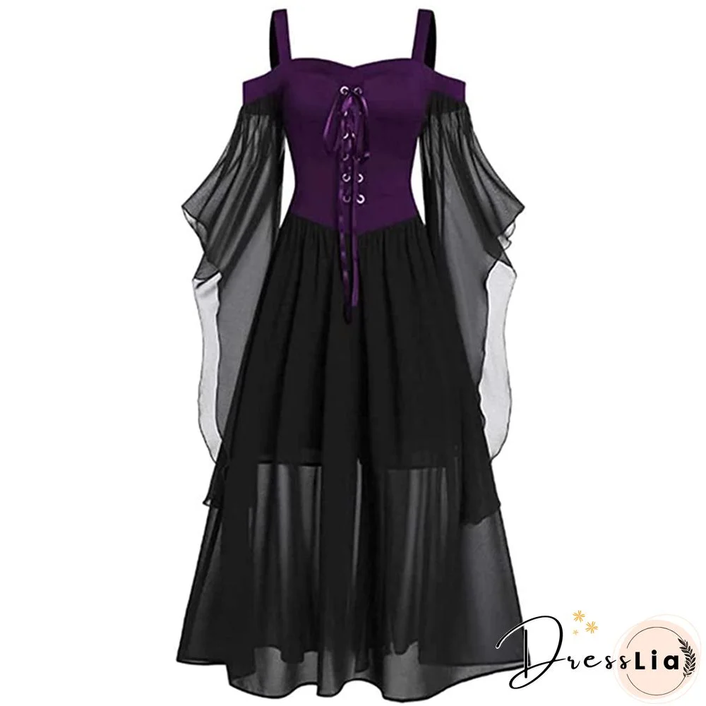 Women's Halloween Witch Cosplay Costumes Gothic Off Shoulder Lace-up Bandage Mesh Sheer A-line Long Cami Dress Party Wear