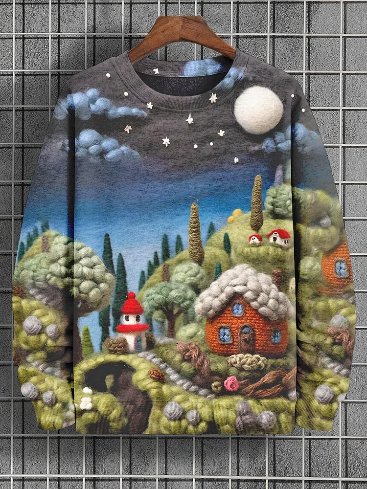 Men's Forest Plants House Embroidery Art Print Casual Sweatshirt