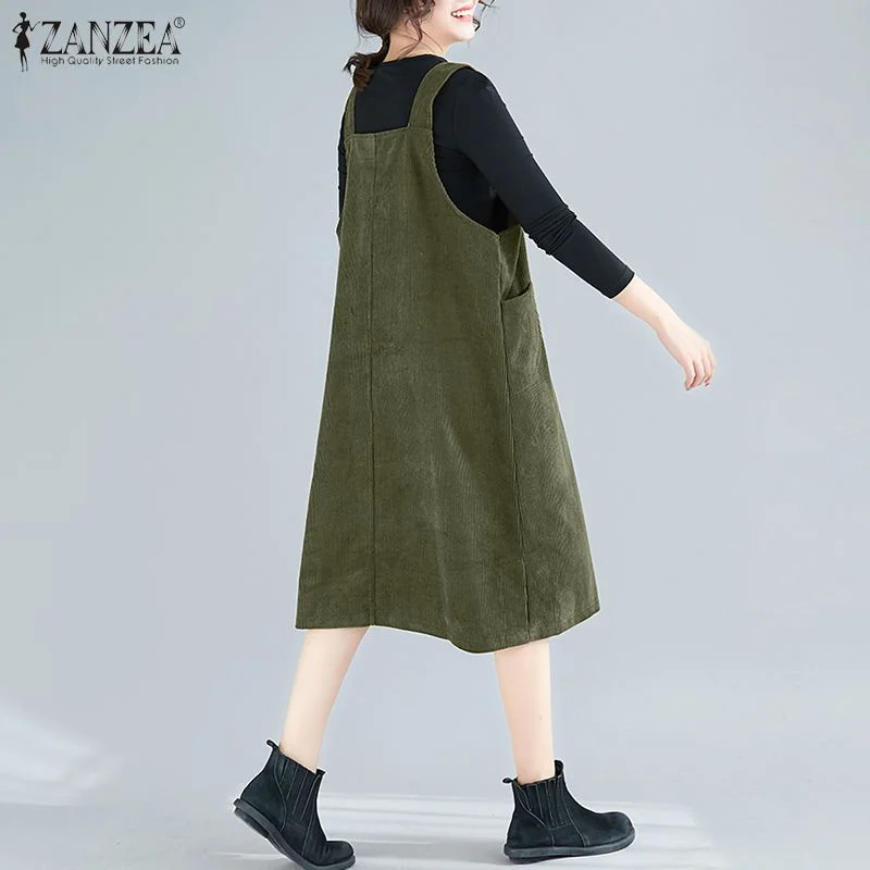 Women Corduroy Overalls Dress ZANZEA Vintage Straps Suspenders Sundress Autumn New Solid Sleeveless Pockets Midi Vestidos