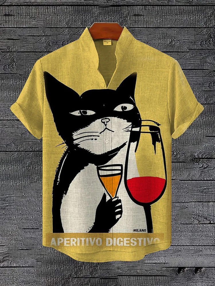 Men's Bicolor Cat Drinking Cocktail Art Print Linen Blend Shirt