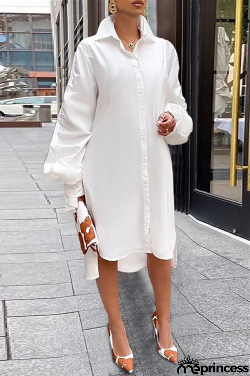 White Fashion Casual Solid Slit Turndown Collar Long Sleeve Shirt Dress
