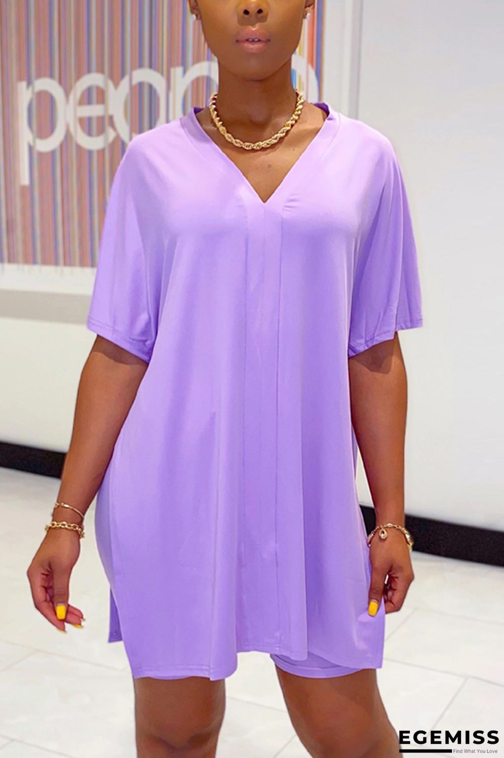 purple Fashion Street Solid Two Piece Suits Straight Short Sleeve Two Pieces | EGEMISS