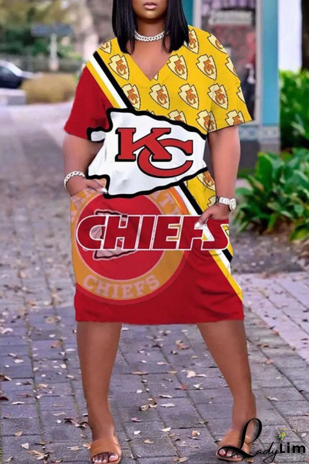 White Casual Print Split Joint Pocket V Neck Straight Dresses