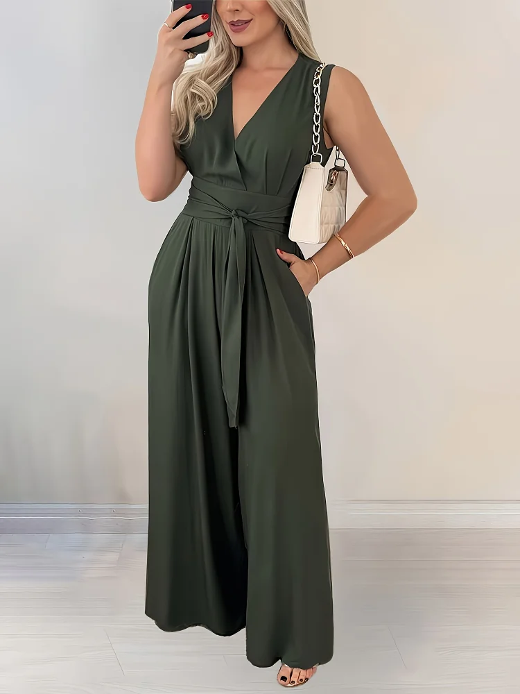 Solid Color Loose Straight-Leg Drawstring Women's Romper - Evening Party/Vacation Style/Casual Chic Outfit