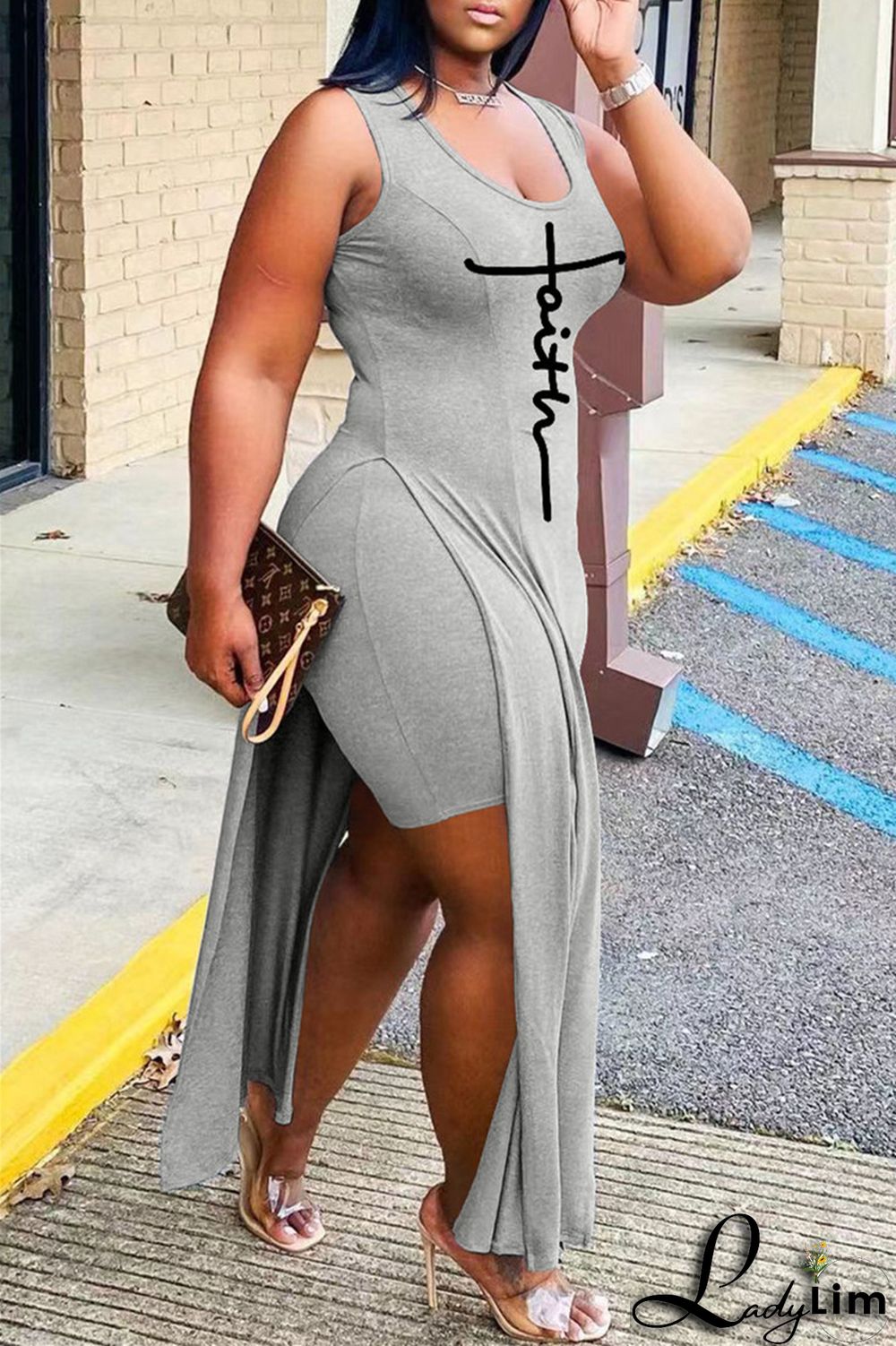 Grey Fashion Sexy Print Slit Vests U Neck Sleeveless Two Pieces