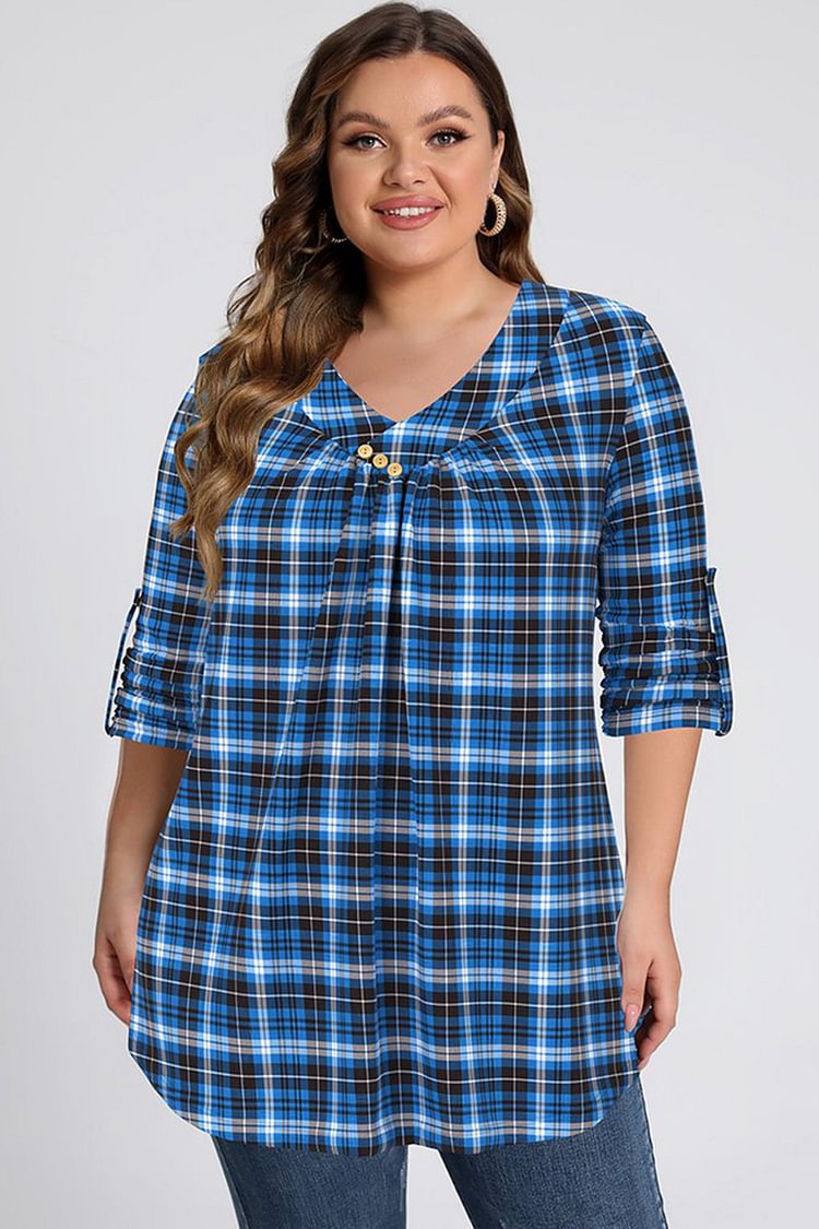 Flycurvy Plus Size Casual Blue Print Decorative Button 3/4 Sleeve Blouses  flycurvy [product_label]