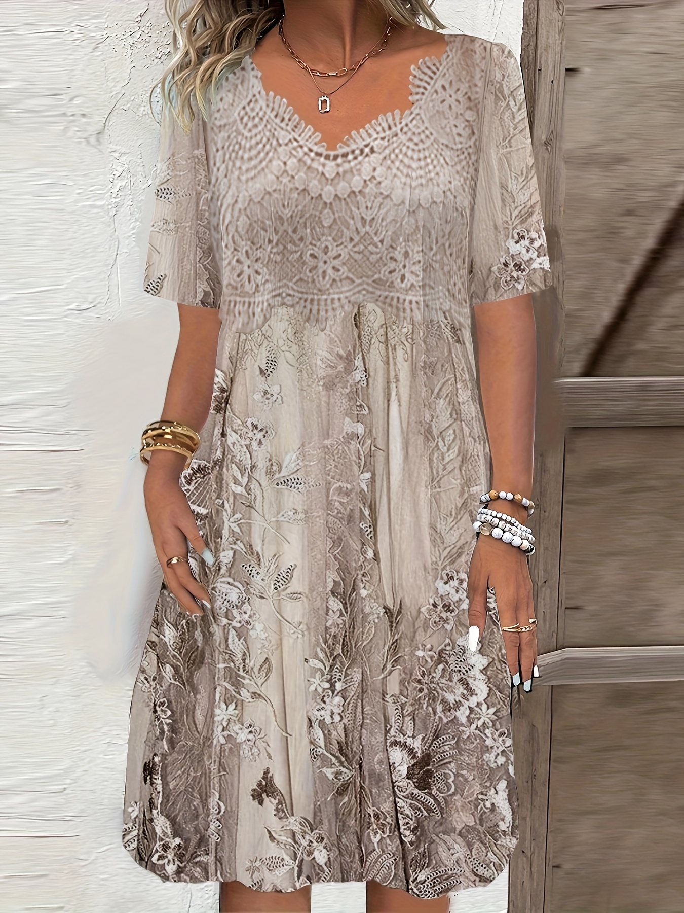 Women's Short Sleeve V-Neck Lace Graphic Floral Printed Midi Dress | IFYHOME