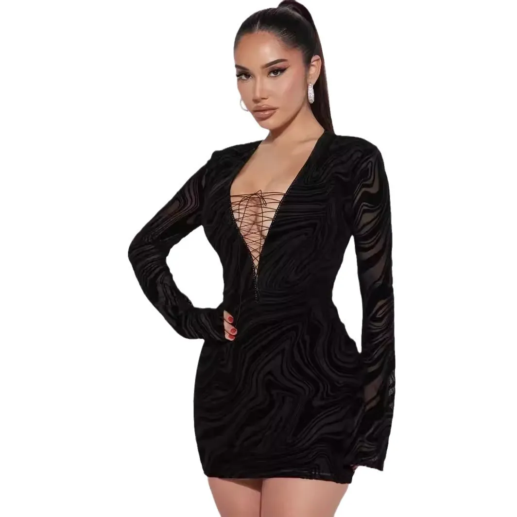 Wave Print Mesh Long Sleeve Deep V Lace Up Bodycon Mini Dress 
