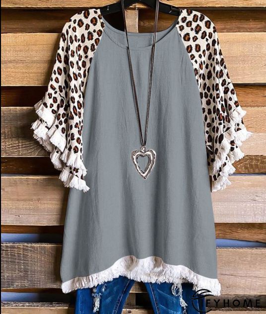 Casual Cotton-Blend 3/4 Sleeve Leopard-Print T-shirt | IFYHOME