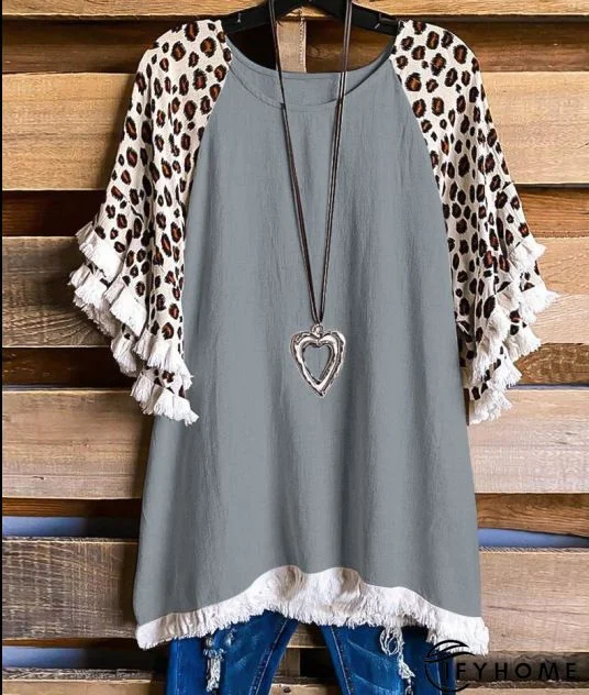 Casual Cotton-Blend 3/4 Sleeve Leopard-Print T-shirt | IFYHOME