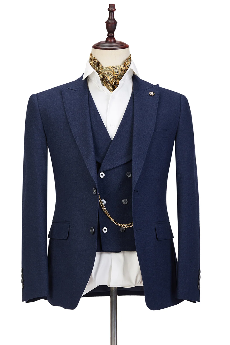 Daisda Dark Blue Three-Piece Peaked Lapel Wedding Suit For Men