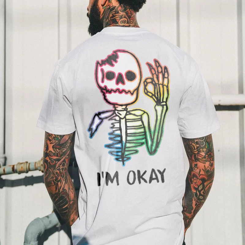 Multicolored Skull Bone I’M OK Graphic White Print T-shirt