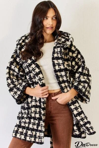 J.NNA Fuzzy Plaid Waist Tie Hooded Robe Cardigan