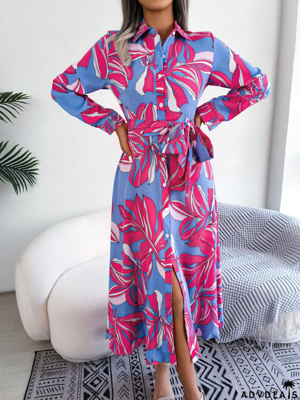 Women Color Block Floral Turndown Collar Tie Shirt Maxi Dress
