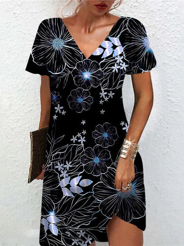 Women's Summer Short Sleeve V Neck Floral Print Casual Dress