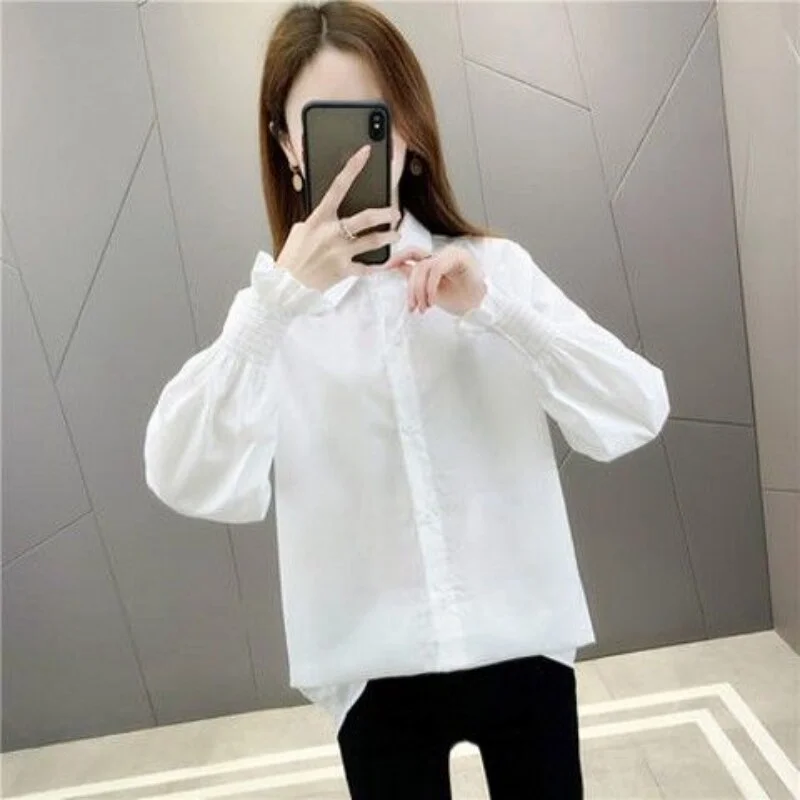 Jangj Women's New White Shirt Spring Autumn Butterfly Sleeve Turndown Collar Blouse Korean Casual Shirt for Female Loose Clothing